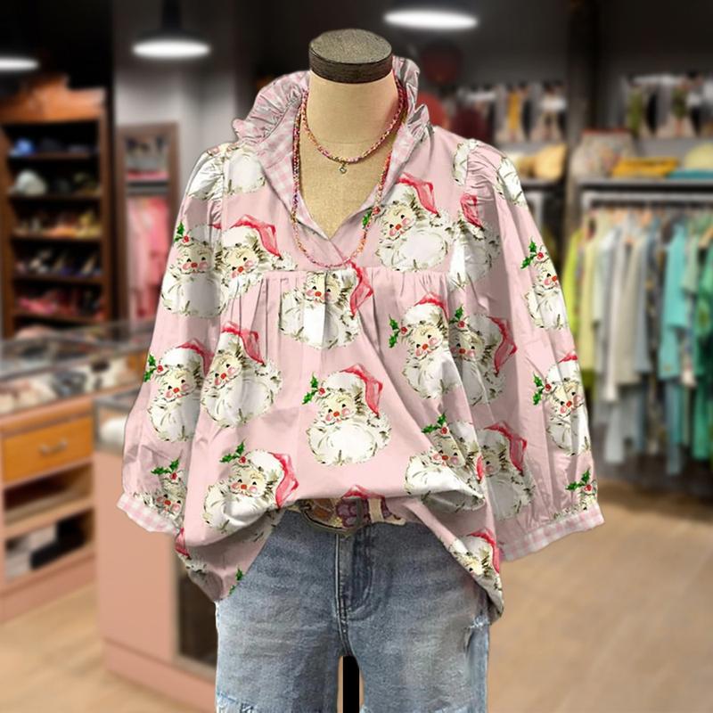 Cherrybetty Christmas Santa Print Ruffle V-neck Long Sleeve Blouse Women's Top with Festive Design and Comfortable Fit Pink Color Elegance Fall Outfits Women Going outfits
