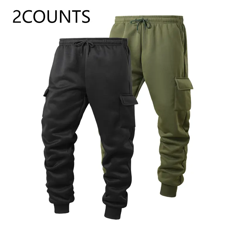 Men’s 2-pack thick fleece-lined cargo pants for autumn/winter, multi-pocket casual long pants, windproof and cold-resistant cuffed design, classic solid color, versatile