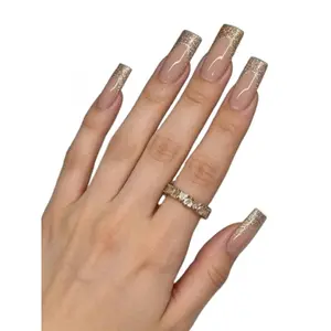 24Pcs Extra Long Golden Metallic French Press On Nails Shiny Glamorous Nail Art Supplies For Wedding Party Daily Wear Skin Care Glow Set