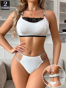 2-Piece Matching Sexy Lace Wireless Bra & Thong Set with Crisscross Back Straps, All-Season Women's Lingerie