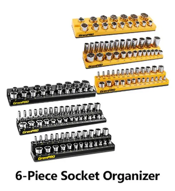 Gren PRO Professional Magnetic Socket Organizer Set, 6-Pack 160 Slot Total SAE & Metric Capacity, Heavy Duty Black/Yellow Tool Tray for 1/4" 3/8" Drive Sockets, Mechanics Garage Storage