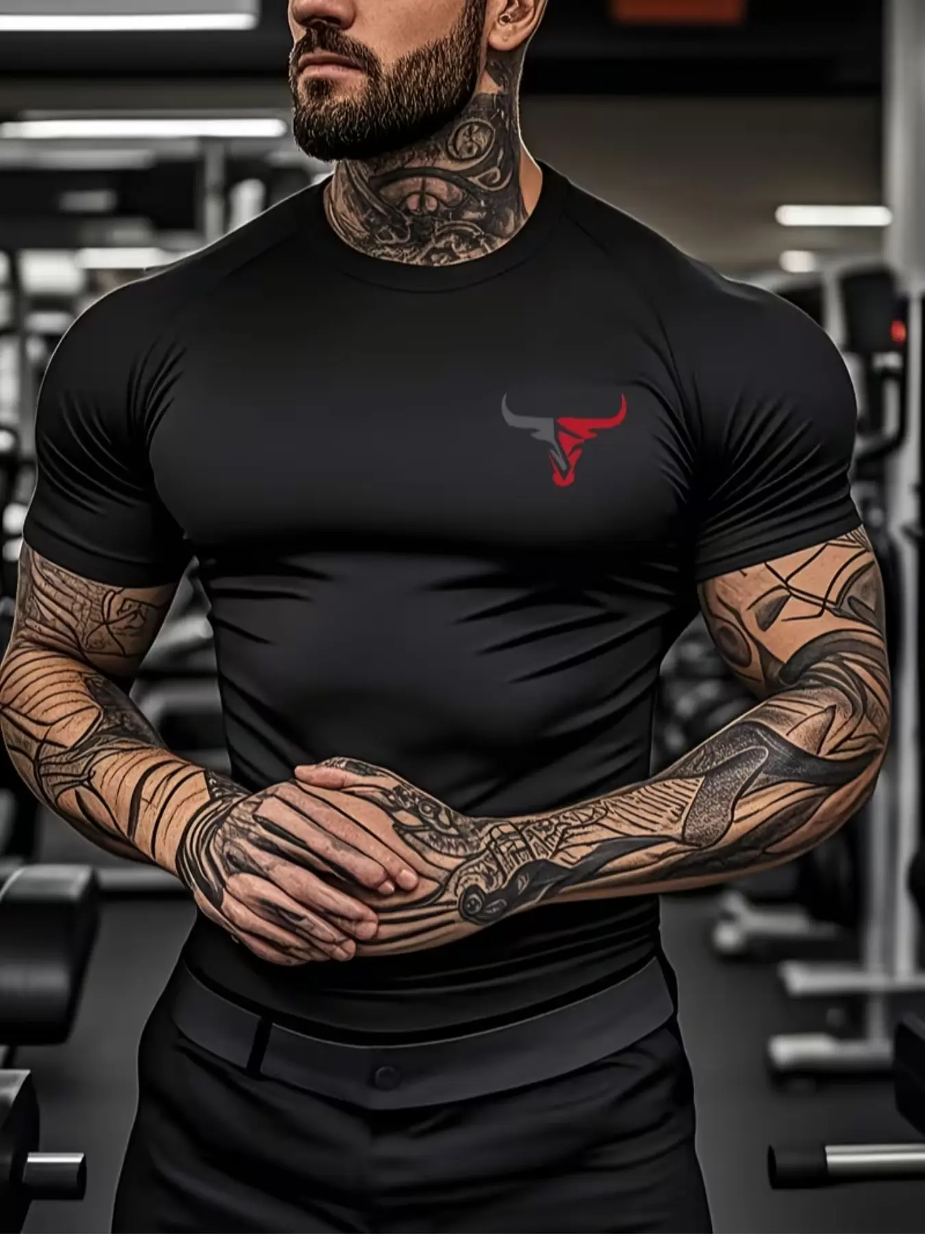 1-Pack Men's Muscle Fit Workout T-Shirt, High Stretch Slim Fit Athletic Tee with Strong Bull Print, Gym Tees, Performance Sports Shirt for Gym & Casual Active Wear, Durable Elastic Fabric for All Sports, Gym Athletic Clothes, Workout Apparel