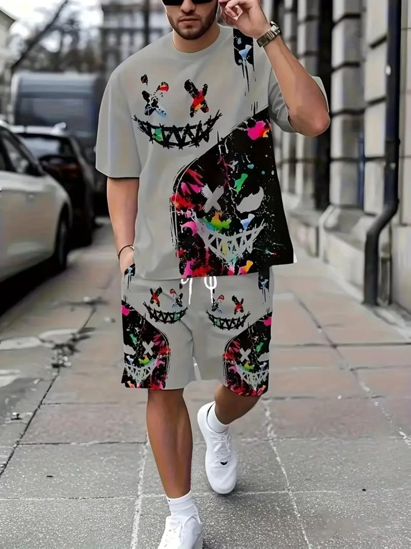 Men's 3D Evil Smiley Face Short Sleeve Round Neck T-Shirt Matching Set, Casual Summer, Breathable, All over Print, Loose Fit, Oversized, 2 Piece Set, Party Wear