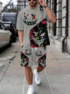 Men's 3D Evil Smiley Face Short Sleeve T-Shirt Matching Set, Casual Summer, Breathable, All over Print, Loose Fit, 2 Piece Set, Party Wear