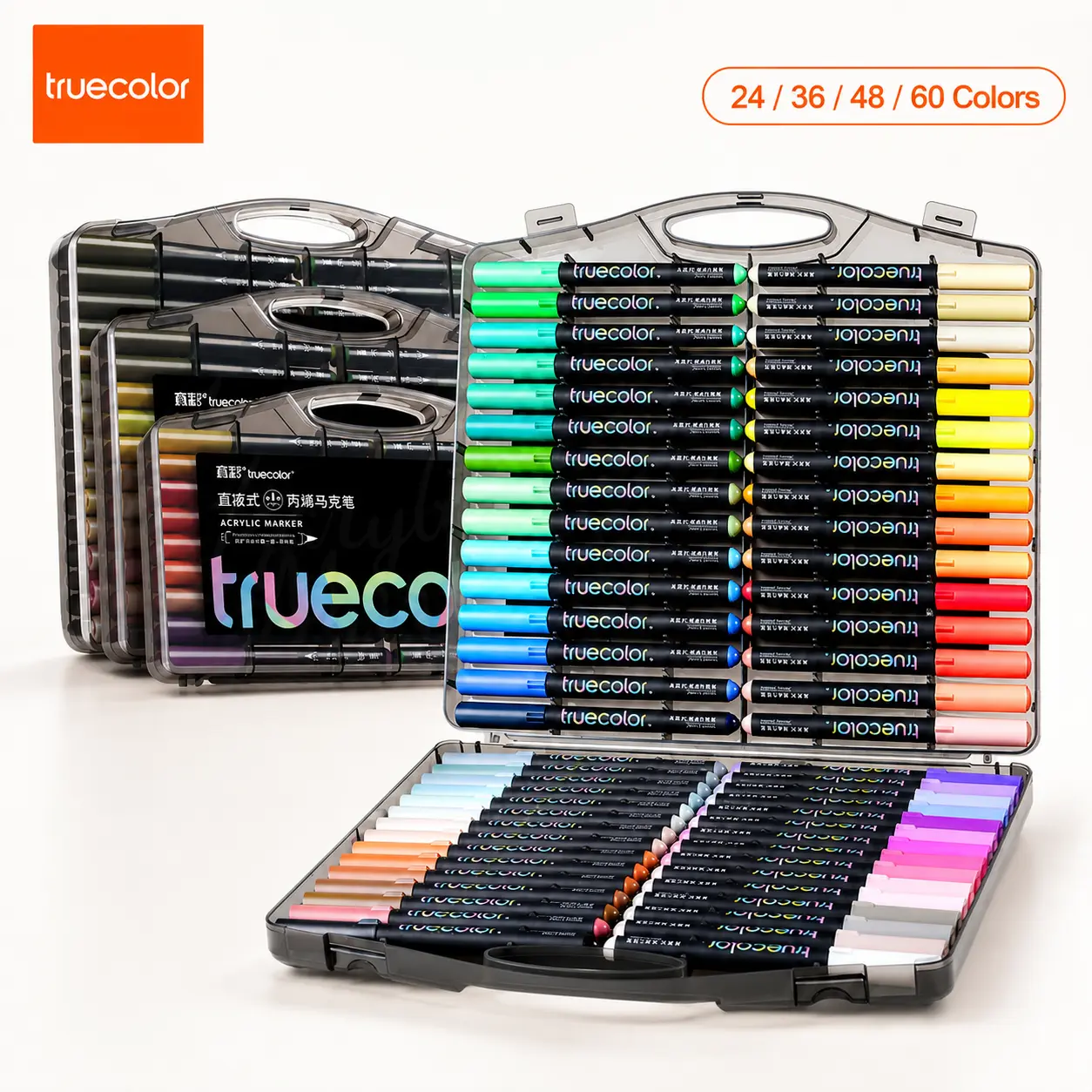 Truecolor 24/36/48/60-Color Professional Acrylic Paint Marker Set, Black Barrel Pens with Direct Ink Flow, Hard PP Storage Box, Premium Office Stationery for Adult Drawing & DIY Handcrafts, Direct Flow
