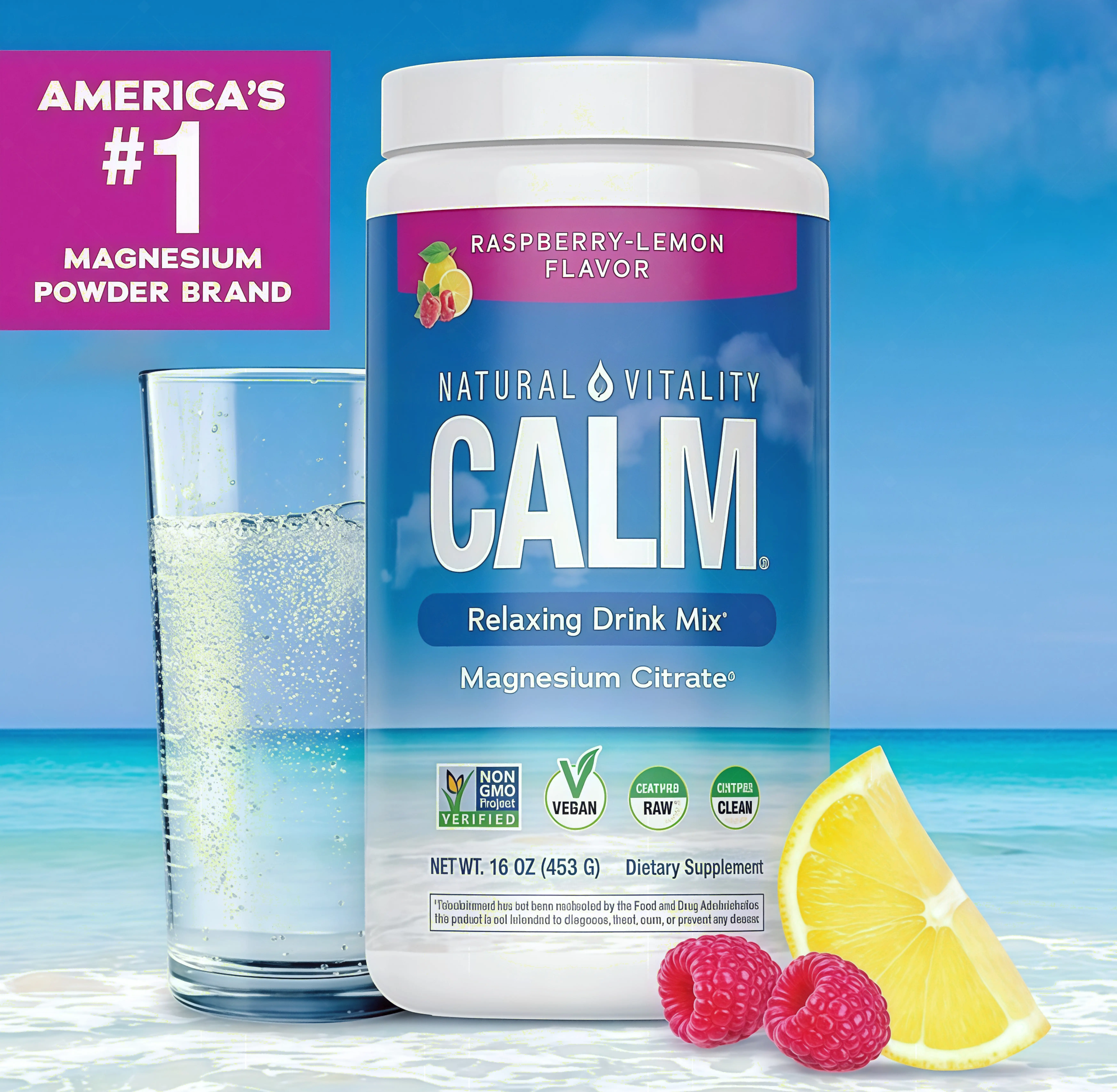 MaxCalm Relaxing Drink Mix XZ- Anti Stress Drink Mix - With Ionic Magnesium Citrate + Glycinate - Raspberry Lemon Flavor - 16 oz (453 g) - 113 Servings