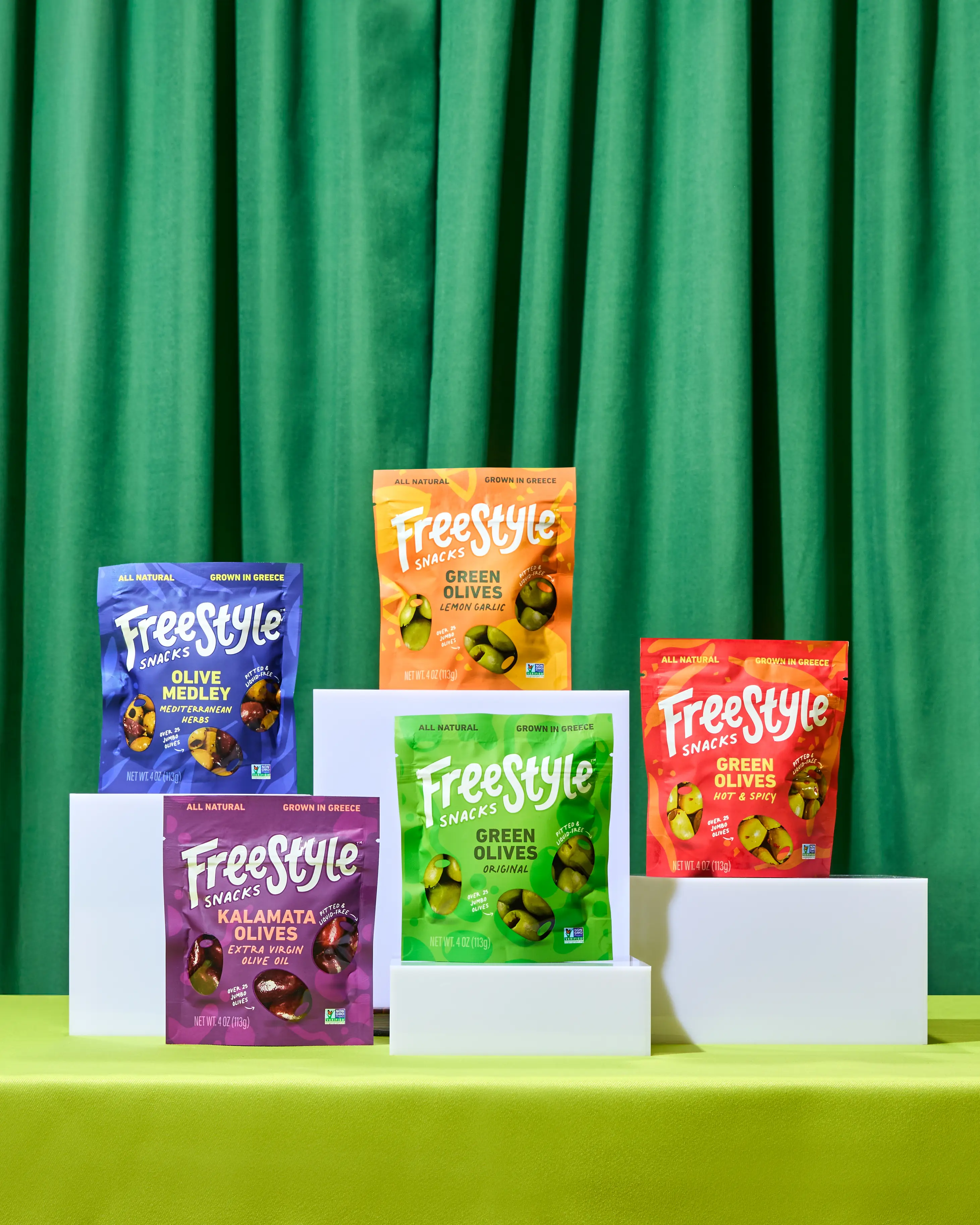 Freestyle Snacks Olive Variety 5-Pack - Healthy Natural Snacks, 1 Bag of Each Flavor, Includes Original Green Olives, Lemon & Garlic, Hot & Spicy, Kalamata, Mediterranean Herb Medley Flavors, As Seen on Shark Tank