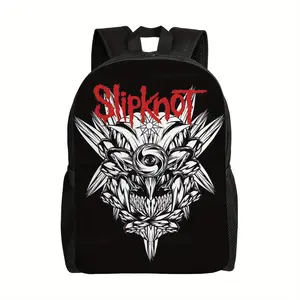 Slipknot  Graphic Backpack Creative Rock Music Design with Wings and Stars Print, Lightweight and Durable College Student Bag, Zipper Closure, Machine Washable, Black with Red Accents Back to School Gift, Suitable for Teenagers
