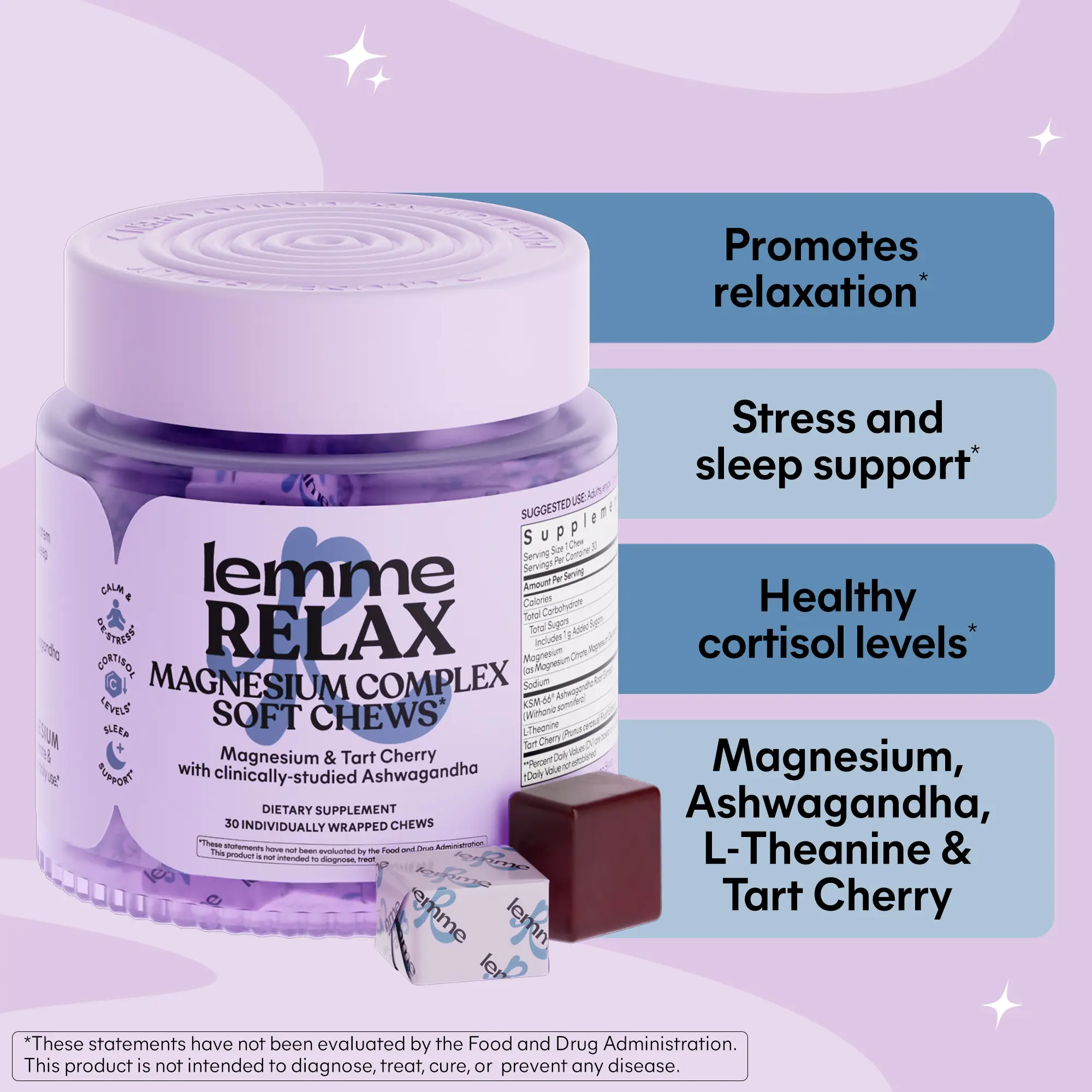 Lemme Relax Soft Chews with Magnesium Glycinate & Citrate, KSM-66 Ashwagandha + L-Theanine to Support Stress Relief, Cortisol Levels, Mood & Healthy Sleep Cycles, BlackBerry Lemonade (30 Chews)