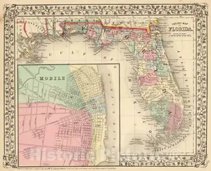 Florida and Mobile, Alabama - Railroad Map, 1870 - Historical Map Print