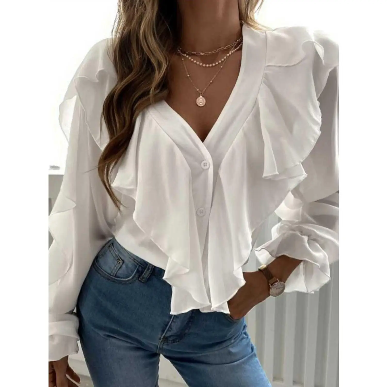 Full Size Ruffled V-Neck Button Down Flounce Sleeve Blouse Polyester Shirts