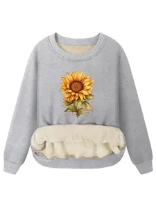 Women's Cartoon Sunflower Print Crew Neck Sweatshirt, Casual Long Sleeve Pullover for Fall & Winter, Women's Clothes for Daily Wear