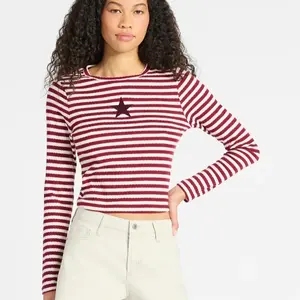 No Boundaries Graphic Striped Pointelle Top with Long Sleeves, Women’s cute fall outfits