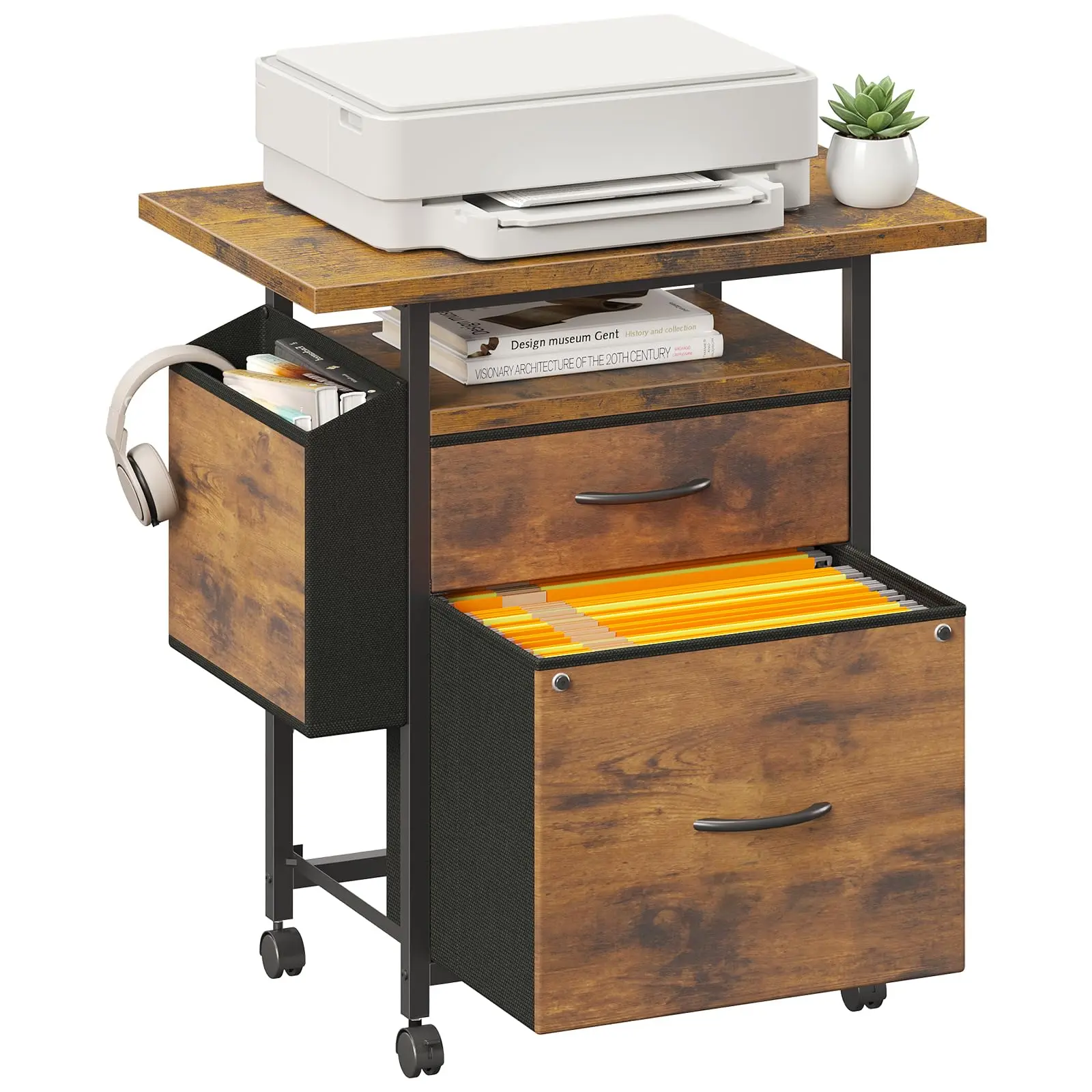 2 Drawer File Cabinet with 24'' Wide Desktop, Rolling Printer Stand | Printer Cart with Lockable Wheels, Fabric Drawer Cabinet Under Desk with Storage Side Bag for Small Space, Home Office, Brown