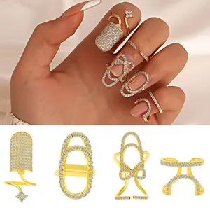 4pcs Ladies' Geometric -Studded Copper Open Nail Ring Set, Unique Design, Exquisite and Creative Nail Ring, Perfect Gift for Women