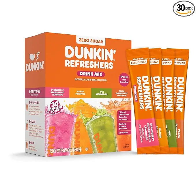 Dunkin’ Refreshers Green Tea Hydration Powder Variety Pack, 30-Count - 0 Sugar, 80mg Caffeine, Fruity Flavors, Just Add Water, Aspartame Free
