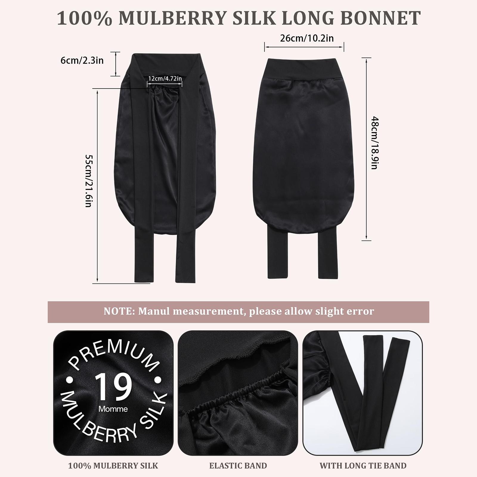 AWAYTR 100% Mulberry Silk Bonnets Long Hair Bonnets Ladies Tie Band Nightcap for Sleeping Haircare Hair Wrap for Braids Curly Hair Gifts Pink Black Headwear