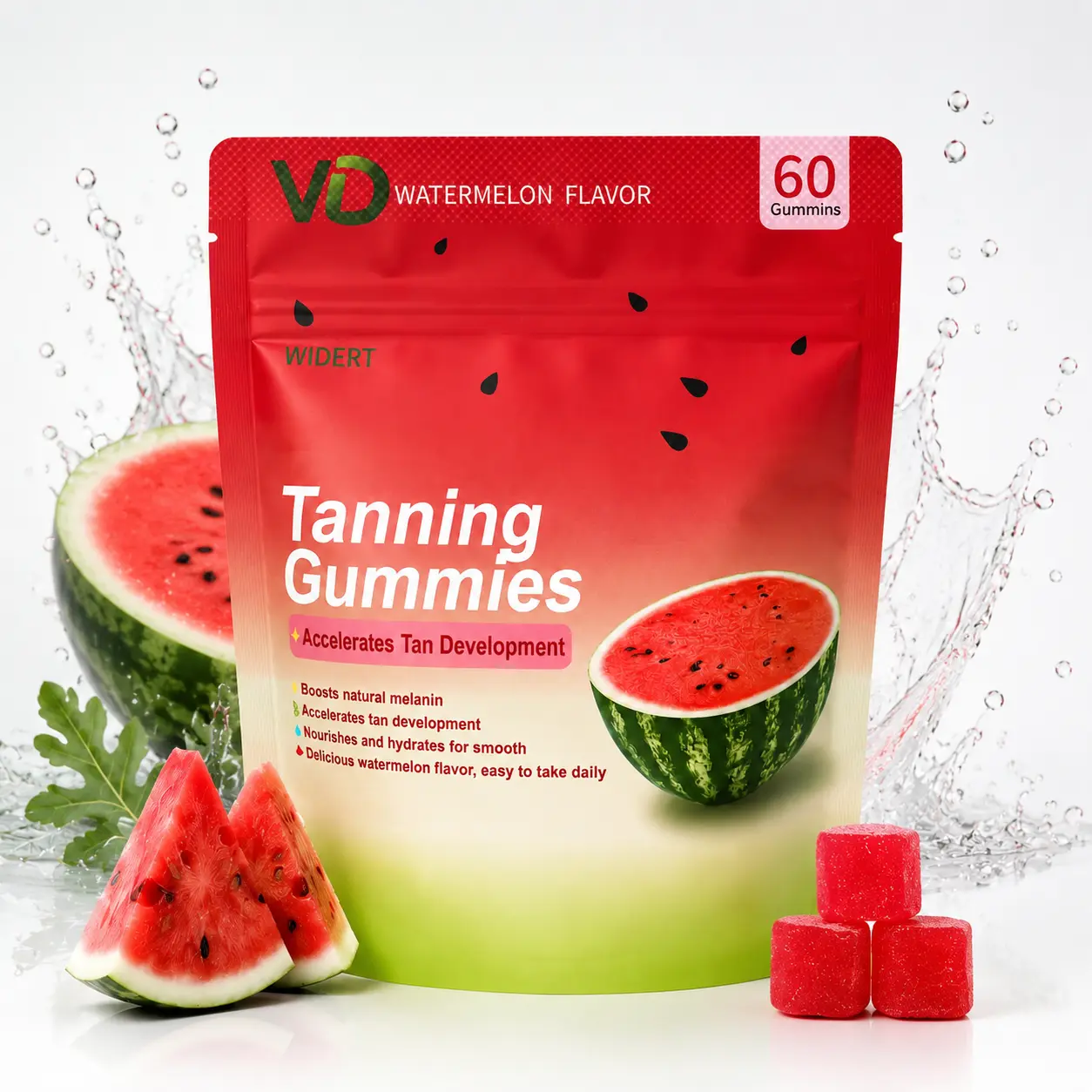 WIDERT Tanning Gummies for Women – Natural Watermelon Flavor, Daily Glow Supplement with Vitamins, 60 Gummies