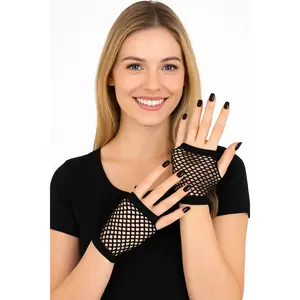 Black Short Fingerless Fishnet Gloves - Costume Accessory