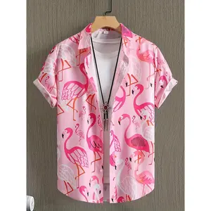 Men’s Flamingo Print Tropical Short-Sleeve Shirt, Regular Fit, Casual Comfortable Button-Front Collared Top for Summer, Fashionable Men’s Clothing for Everyday Wear GARMENTARY
