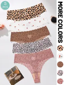 5 Pack Seamless Women's Thongs, Hollow Heart Back Design Print, Lightweight Soft & Breathable Underwear for Daily Wear