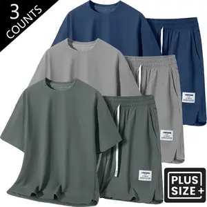 【PLUS SIZE】 3-Pack Men’s Two-Piece Quick-Dry Loose Relaxed Beach Casual T-Shirt & Shorts Set — Plus-Size Friendly Outfit, Wearable for Summer Lounging at Home, Beach Days, and Lazy Sundays