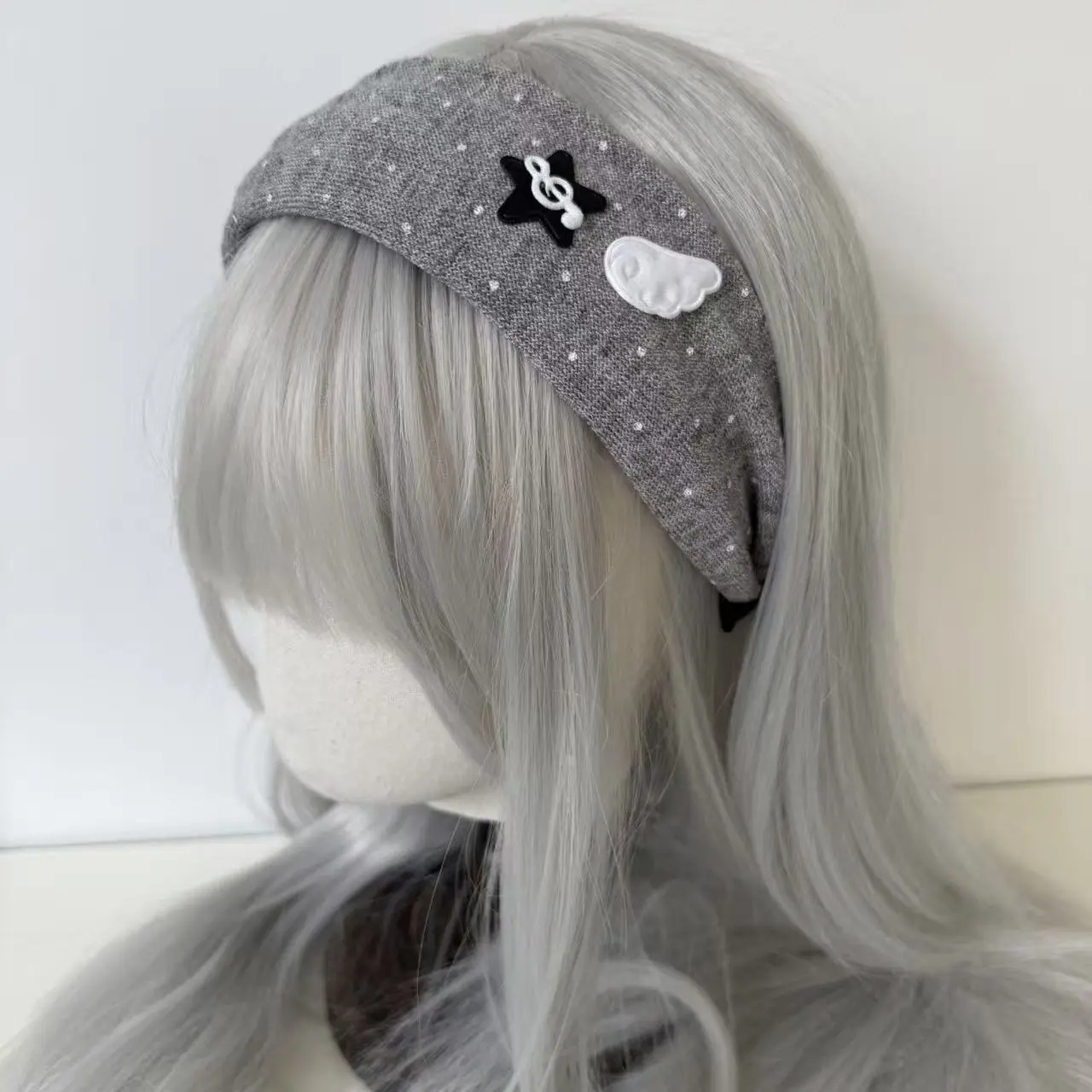 Vintage Dot Angel Wing Music Note Headband - Grey & Black Y2K Alt Goth Fashion Hair Accessory cute set girl