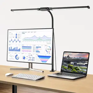 Clamp Desk Lamp, Wide Double Head, Adjustable Architect Arm, Flexible Gooseneck, for Home Office, Monitor, Room, Includes Adapter
