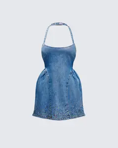 Meina Blue Denim Embellished Mini Dress