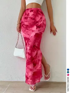 【LovelyWholesale】Women's Fashion Womenswear Casual Vacation Style Fitted Mesh Tie-Dye Print Elastic Hem Slit Skirt, Lovely Wholesale Women's Clothing