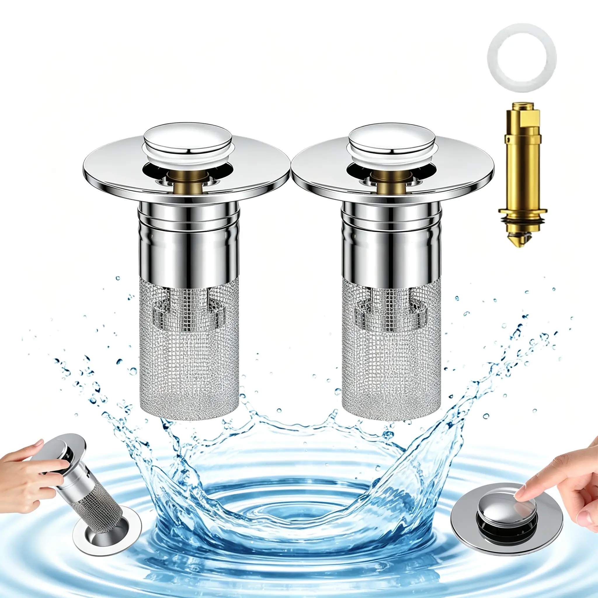 2pcs brass drain plug,Pop-Up Bathroom Sink Drain Strainer, Stainless Steel Hair Catcher Basket with Brass Drain Plug, Universal Fit for US Bathroom Sinks, Bathtubs, Showers & Floor Drains summerwins