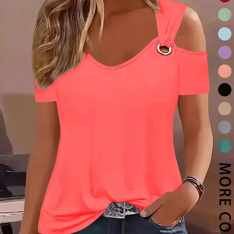 Women's Summer V-Neck Short Sleeve Casual Fashion Slim-Fitting Shirts, Everyday Wear Tops, Large Eyelet Hollow Out Design, Fitted