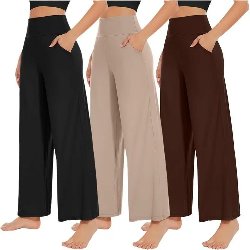 3-Pack Women's Wide-Leg Pants with Pockets High-Waisted Loose Fit Sports Pants Casual Yoga Workout Pants Fashion Bottom Lightweight Womenswear Trouser linen pants baggy sweatpants plus size outfits teacher outfits cargo pants buy clothes interview outfit