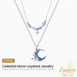 Celestial Moon Layered Star Necklace, Whimsical Y2K Pendant & Dangle Earrings, Witchy Resin Moon Jewelry Collection for Women