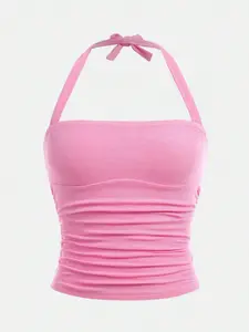 1 pink girl casual elegant Fitted solid color sleeveless back tie hanging neck top, versatile for teenagers, suitable for home travel, leisure and vacation
