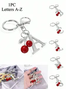 Sweet Cool Silver Cherry Letter Keychain, A-Z 3D Letter Pendant, Fashion Silver Color Keyring, Bag Decoration, Car Keychain Gift, Keychain For Bags