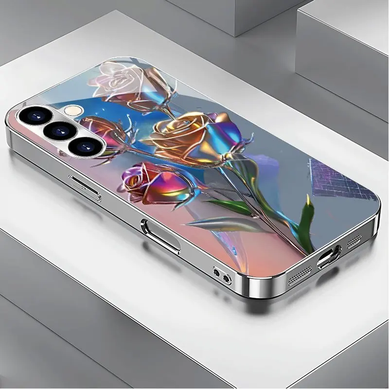 Metallic Rose Pattern Electroplated Silver Glass Smartphone Case - High-End Fashion Casing for Samsung Galaxy S25-S20 Plus, S23, A05-A36, A54-A56, Protective Accessory for Handheld Cellphone Devices