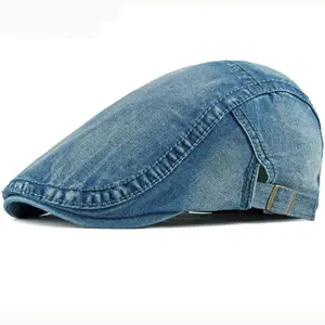 HT2411 Spring Summer Men Women Cap Sun Hat Denim   Flat Cap Adjustable Men Women Berets Artist Painter Beret Cap Men