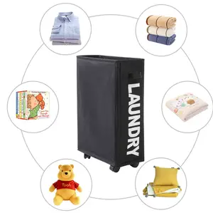 Rolling Slim Laundry Basket Hamper Collapsible Dirty Clothes Hamper Tall Thin Laundry Basket Hamper on Wheels Eco-friendly 600D Fabric Oxford Waterproof Sorter Organizer for Home Corner Dorm Bathroom