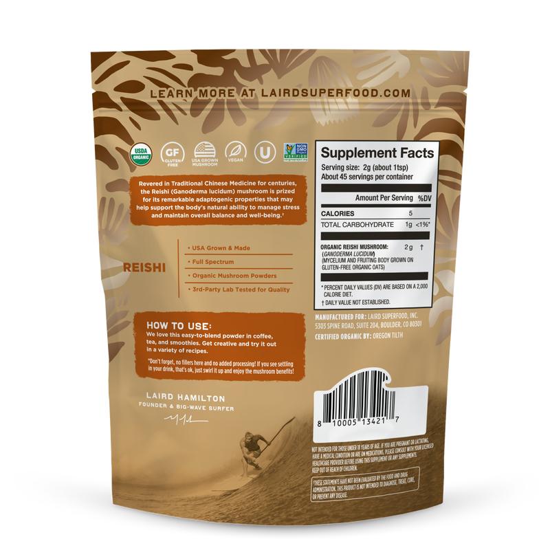 Laird Superfood Organic Reishi Mushroom Powder - USDA Organic Vegan Dietary Supplement for Longevity & Wellness - 3.1oz