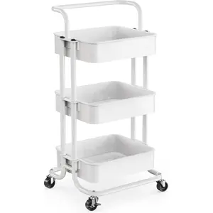 3 Tier Mesh Utility Cart, Rolling Metal Organization Cart with Handle and Lockable Wheels, Multifunctional Storage Shelves for Kitchen Living Room Office White