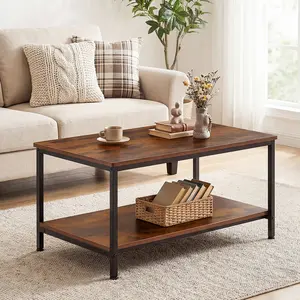 31.5" Coffee Table for Living Room, 2-Tier Center Table with Open Storage Shelf and Metal Frame, Modern Rectangle Tea Table, Industrial Wood Look Surface