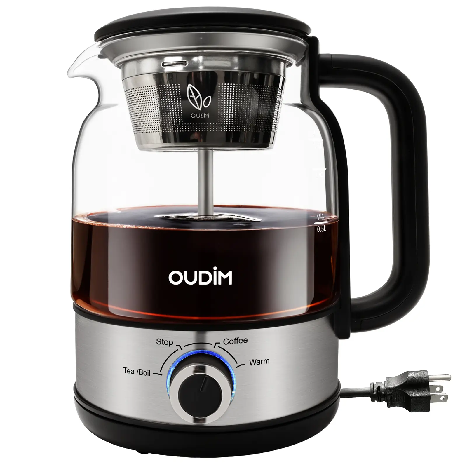 OUDIM Electric Kettle for Coffee & Tea, 1.2L Glass Tea Maker with Steam Spray Brewing, 600W Borosilicate Glass Kettle with Keep Warm Function, 304 Stainless Steel, BPA-Free, Coffee Maker and Tea Brewer for Home