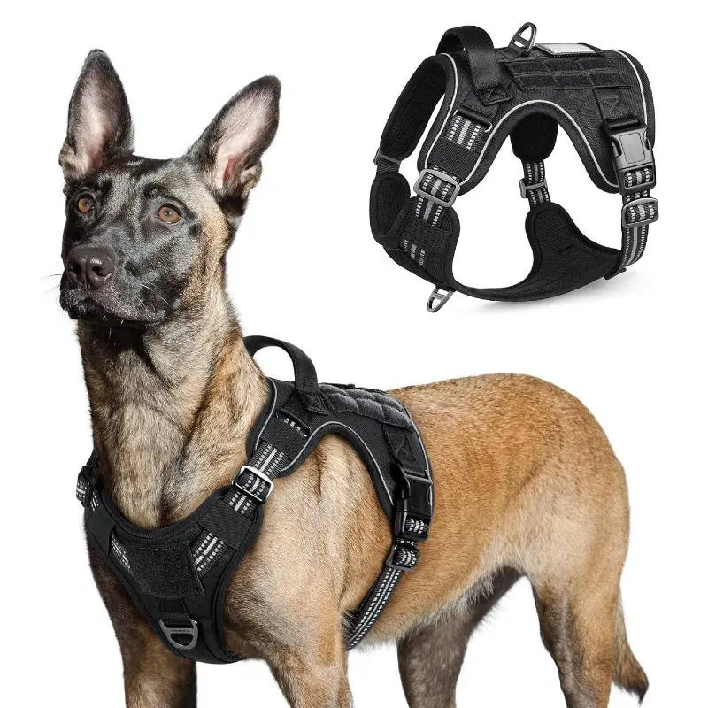 Tactical dog harness for large dogs, no-pull military-style vest, equipped with handle and Molle system, easy to control during training and walking, adjustable reflective strap, outdoor dog harness