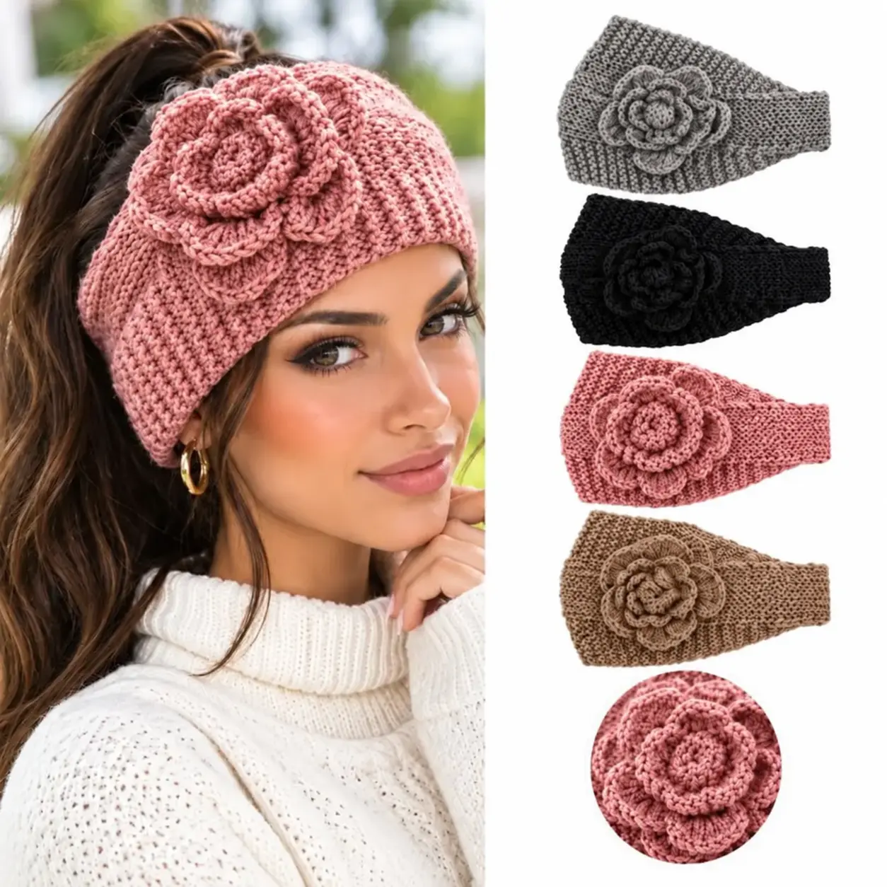 1/4-Pack Women's Floral Knit Fashion Headband—Soft, Unisex, and Versatile Headwear; Warm and Comfortable Ear Flaps for Winter Sports; Everyday Hair Accessory; Outdoor Gear; Perfect Gift,sohochic