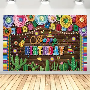 Festive Mexican Fiesta Happy Birthday Vinyl Backdrop - Colorful Flag Design, Perfect for Party Decor & Photo Booths, Available in 2 Sizes Banners Ornaments Decoration