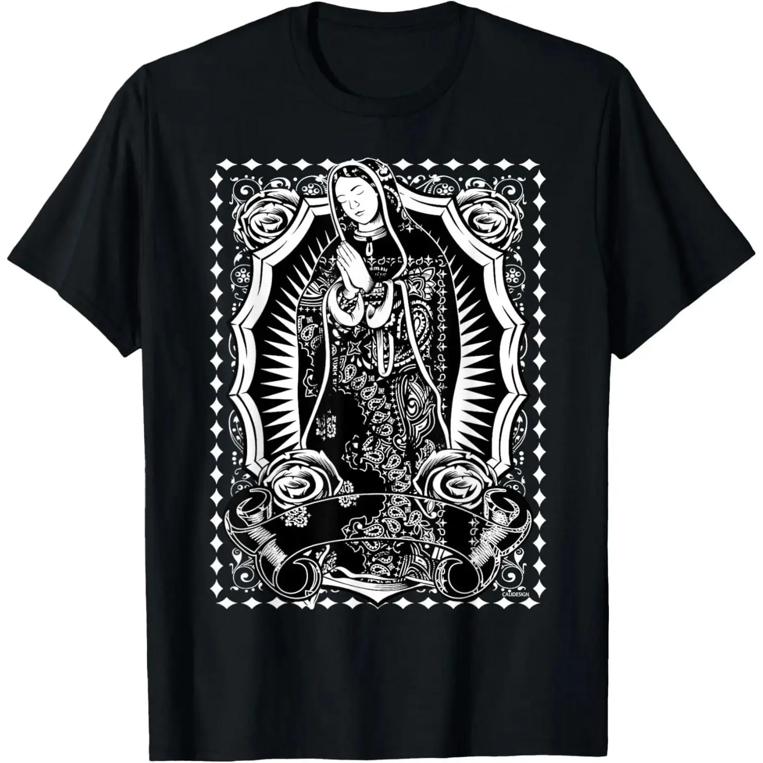100 Percent Cotton Virgin Mary Black and White Bandana Print Chicano Art Cholo T Shirt