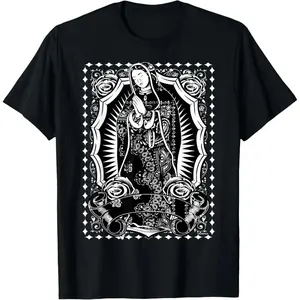 100% cotton Virgin Mary Black White Bandana Print Chicano Art Cholo T-Shirt