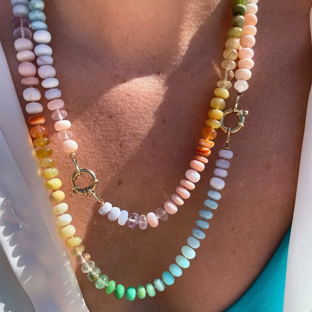 Colorful Natural Stone Gemstone Beaded Necklace for Women, Boho Rainbow Necklace, Handmade Style Summer Layering Jewelry Gift