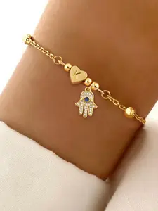 Heart Initial Pave Zircon Hamsa Hand Design Bracelet, Elegant Fashion Jewelry for Women, Trendy All-match & Exquisite Jewelry for Birthday Gift, Valentine's Day, Gift